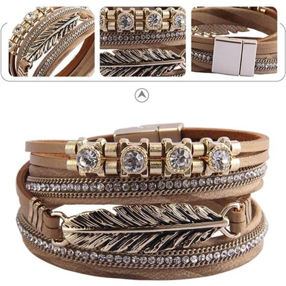 Leather Cuff Bracelet Feather Multi Strand Bracelet Wrap - Picture 5 of 6